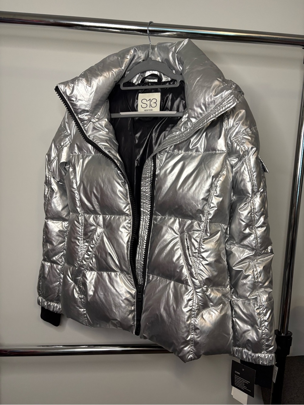 S13 New York Kylie Metallic Down Puffer Jacket Silver Hooded NWT